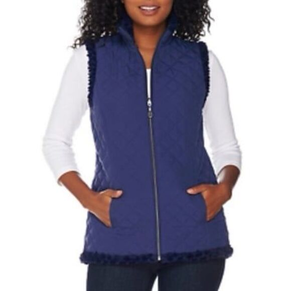 Denim & Co Reversible Zip Front Textured Faux Fur & Quilted Vest Plus Size 3X - Picture 1 of 9